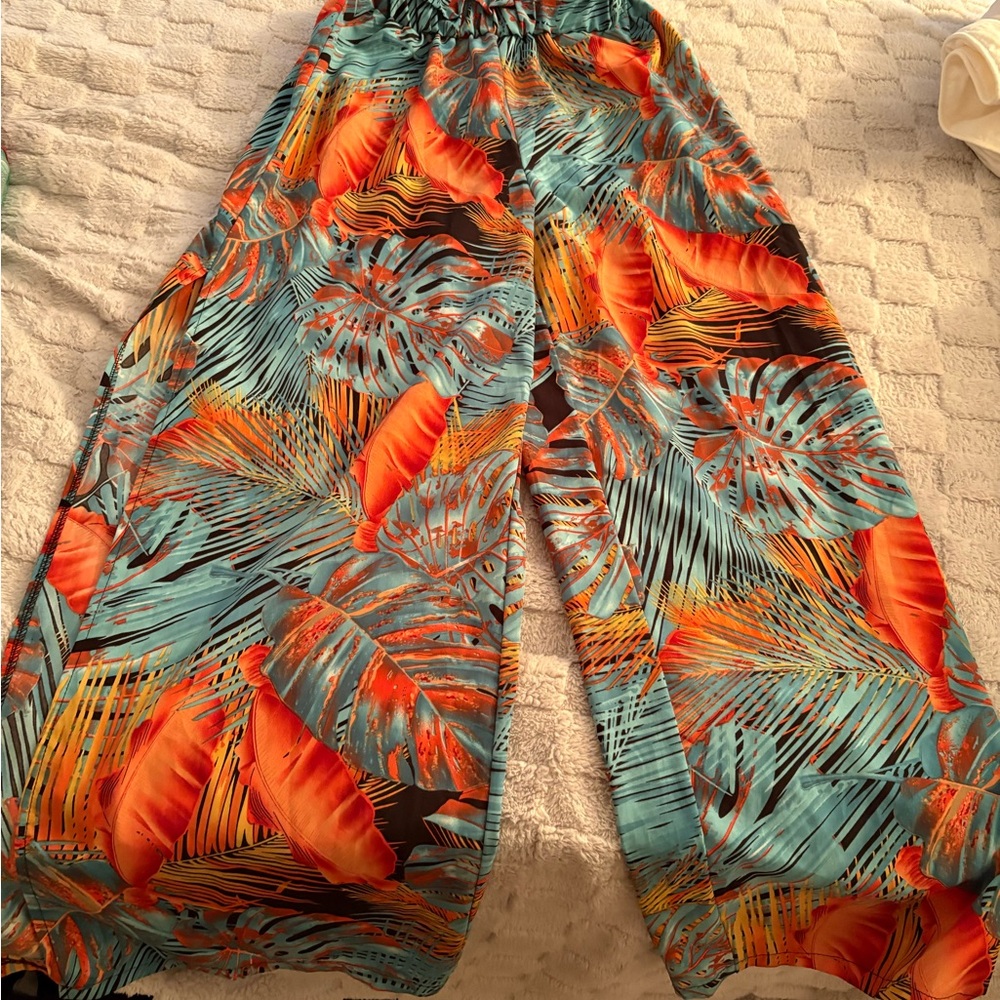 Tropical Print Wide-Leg Pants